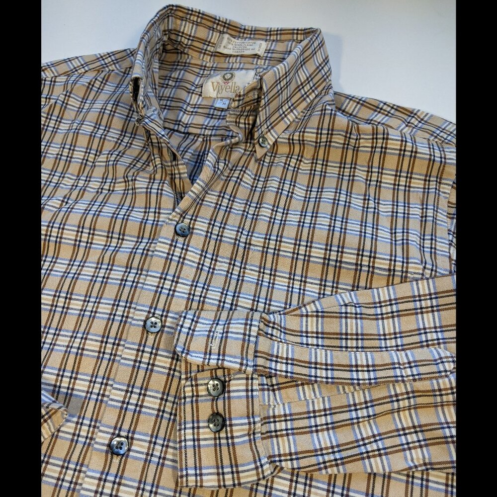 Vintage Viyella Shirt Men Beige Plaid Cotton Blend Made in Canada MEDIUM